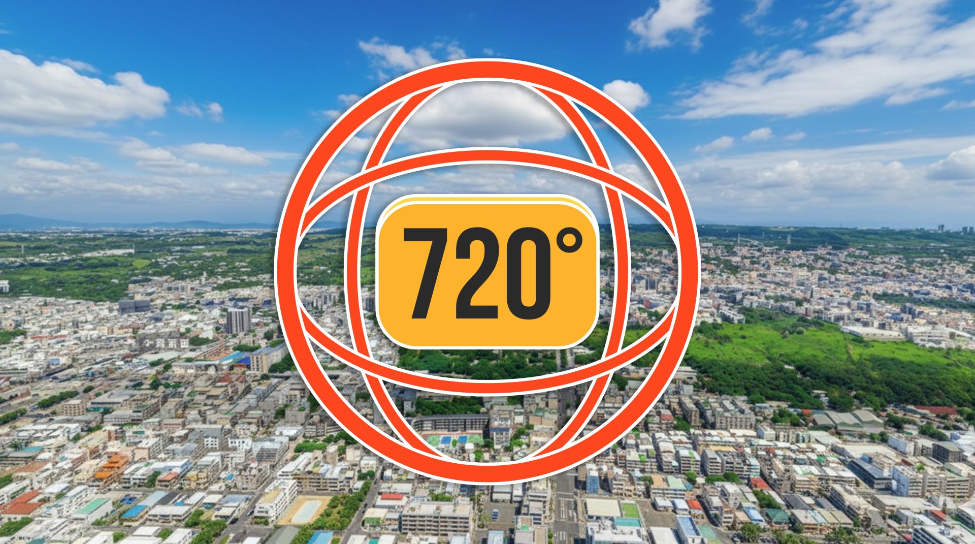 720度環景功能示意圖，以城市空拍畫面搭配環景圖示