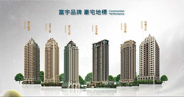 電子錶板建商品牌頁面，並列展示建商歷年代表建案的大樓外觀