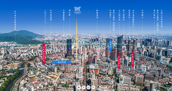 電子錶板周邊環境頁面，於城市空拍圖上標示捷運站與周邊重要地標